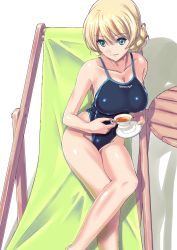 Rule 34 | 10s, 1girl, black tea, blonde hair, blue eyes, blue one-piece swimsuit, braid, breasts, cleavage, closed mouth, collarbone, competition swimsuit, crossed legs, cup, darjeeling (girls und panzer), double bun, girls und panzer, green eyes, hair bun, hammock, highleg, highleg swimsuit, highres, holding, large breasts, light smile, nenchi, one-piece swimsuit, saucer, short hair, sitting, solo, swimsuit, tea, teacup, twin braids