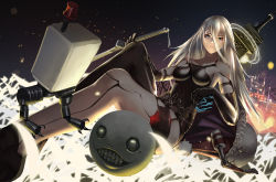 Rule 34 | 1girl, absurdres, aerial fireworks, android, arm at side, armlet, ass, asymmetrical legwear, bare shoulders, black footwear, black gloves, black shorts, black thighhighs, blue eyes, breasts, building, camisole, carousel, closed mouth, collarbone, drone, elbow gloves, emil (nier), fireworks, floating, flower, gloves, hair between eyes, highres, holding, holding sword, holding weapon, joints, katana, knees up, lily (flower), lips, long hair, machinery, mask, medium breasts, nier:automata, nier (series), night, night sky, no mole, nose, pink lips, pod (nier:automata), robot, robot joints, shoes, short shorts, shorts, silver hair, single thighhigh, sitting, sky, sleeveless, solo, sword, tank top, teeth, thighhighs, uneven legwear, very long hair, weapon, white flower, a2 (nier:automata), yun lin