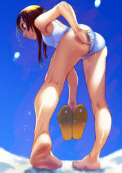 Rule 34 | 1girl, adjusting clothes, adjusting swimsuit, ass, barefoot, blue sky, brown eyes, commentary request, day, dripping, feet, from behind, from below, full body, highres, holding, holding clothes, holding footwear, leaning forward, long hair, one-piece swimsuit, original, sandals, school swimsuit, sky, soles, solo, soon (c-u-soon), standing, sunlight, swimsuit, water drop, white one-piece swimsuit