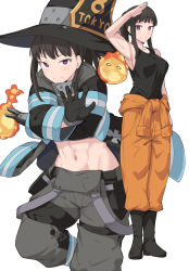 Rule 34 | 1girl, arm up, baggy pants, bare shoulders, black footwear, black gloves, black hair, black jacket, black tank top, blush, boots, breasts, closed mouth, clothes around waist, collarbone, commentary request, crossed arms, en&#039;en no shouboutai, fire, full body, gloves, hands up, hat, jacket, jumpsuit, jumpsuit around waist, long hair, looking at viewer, maki oze, midriff, multicolored clothes, multicolored jacket, multiple views, muscular, muscular female, navel, orange jumpsuit, orange pants, pants, ponytail, purple eyes, salute, shiseki hirame, sidelocks, simple background, sleeveless, smile, standing, suspenders hanging, tank top, white background, yellow eyes