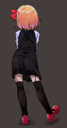 Rule 34 | 1girl, ass, black background, black skirt, black thighhighs, black vest, blonde hair, bob cut, bow, contrapposto, dark background, darkness, facing away, from behind, full body, hair bow, legs apart, long sleeves, mary janes, over-kneehighs, red bow, red footwear, rumia, shamo (koumakantv), shoes, short hair, simple background, skirt, skirt set, solo, standing, thighhighs, toes up, touhou, vest, zettai ryouiki