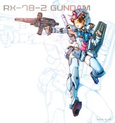 Rule 34 | 1girl, aiming, armor, armpits, banchengping@126, beam rifle, brown hair, character name, energy gun, gundam, low twintails, mecha musume, medium hair, mobile suit gundam, one eye closed, rx-78-2, shield, short twintails, solo, thrusters, twintails, weapon