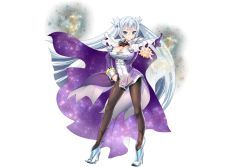 Rule 34 | 1girl, aqua eyes, breasts, cape, cleavage, detached collar, detached sleeves, dress, flower knight girl, full body, hand on own hip, high heels, large breasts, long hair, looking at viewer, otogi yuugi, pantyhose, short dress, silver hair, solo, southern cross (flower knight girl), standing, transparent background, very long hair