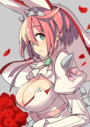 Rule 34 | 1girl, breasts, cleavage, earrings, elphelt valentine, from side, green eyes, grey background, guilty gear, guilty gear xrd, hairband, hiraga matsuri, hirasato, jewelry, large breasts, looking at viewer, pink hair, puffy sleeves, revision, short hair, smile, solo, spikes, upper body, veil
