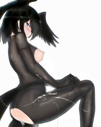 Rule 34 | 1girl, adjusting clothes, aftersex, ass, bird girl, bird tail, black hair, blue eyes, blush, bodystocking, breasts, clothing cutout, cum, cum on body, cum on clothes, from side, half-closed eye, head wings, highres, jungle crow (kemono friends), kemono friends, knee up, licking lips, long sleeves, looking at viewer, medium breasts, medium hair, nipples, one breast out, panties, see-through, shibori kasu, sidelocks, simple background, sleeveless, solo, tail, tail through clothes, tongue, tongue out, torn bodystocking, torn clothes, underwear, white background, wings