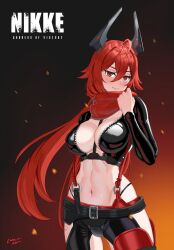 Rule 34 | 1girl, absurdres, artist name, black gloves, blush, breasts, chaps, cleavage, closed mouth, copyright name, crop top, cropped jacket, embarrassed, emmettart, fingerless gloves, gloves, goddess of victory: nikke, hair between eyes, headgear, highres, horns, jacket, large breasts, leather, leather jacket, long hair, mechanical horns, midriff, navel, orange eyes, red hair, red hood (nikke), red scarf, scarf, smile, solo, toned, unzipped, very long hair, zipper