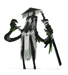 Rule 34 | androgynous, black headwear, black legwear, full body, gender request, green eyes, highres, holding, holding sword, holding weapon, long sleeves, looking at viewer, original, scabbard, sheath, sheathed, simple background, sketch, standing, susudust, sword, weapon, white background