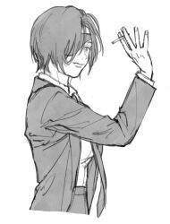Rule 34 | 1girl, ajo cnsw, black hair, chainsaw man, cigarette, collared shirt, eyepatch, formal, greyscale, himeno (chainsaw man), holding, holding cigarette, jacket, looking at object, monochrome, necktie, shirt, shirt tucked in, short hair, solo, suit, suit jacket, white shirt