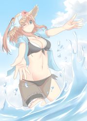Rule 34 | 10s, 1girl, bad id, bad pixiv id, blush, breasts, brown hair, cleavage, hat, kantai collection, large breasts, looking at viewer, navel, one eye closed, saratoga (kancolle), see-through, smile, solo, splashing, sun hat, tiasis, wading, water