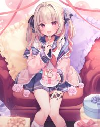 Rule 34 | 1girl, :d, armchair, black bow, blue sailor collar, blue skirt, bow, box, brown hair, cake, chair, commentary, feet out of frame, food, fork, frilled pillow, frills, gift, gift box, hair bow, hair intakes, heart, highres, holding, holding fork, jacket, knees together feet apart, komachi pochi, long hair, long sleeves, loose socks, makaino ririmu, makaino ririmu (4th costume), multicolored hair, nijisanji, off shoulder, on chair, open clothes, open jacket, open mouth, pillow, pink jacket, pleated skirt, red eyes, red hair, sailor collar, shirt, sitting, skirt, sleeves past wrists, smile, socks, solo, streaked hair, symbol-only commentary, two-tone hair, two side up, virtual youtuber, white legwear, white shirt