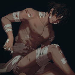 Rule 34 | 1boy, abs, arknights, arm wrap, bandage on face, bandage over one eye, bandaged arm, bandaged hand, bandaged head, bandaged leg, bandages, bandaid, bandaid on arm, black background, black hair, blood, braid, cuts, dark skin, foot out of frame, highres, injury, knee up, looking at viewer, male focus, manjyufroth, muscular, naked bandage, nipples, nude, scar, short hair, sitting, solo, thorns (arknights)