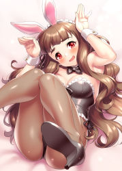 Rule 34 | 1girl, animal ears, armpits, ass, bare shoulders, black footwear, black leotard, blunt bangs, blush, breasts, brown hair, brown pantyhose, cleavage, commentary request, eyebrows, fake animal ears, frills, hands up, high heels, highres, idolmaster, idolmaster cinderella girls, kamiya nao, legs, legs up, leotard, long hair, looking at viewer, maid headdress, medium breasts, open mouth, pantyhose, playboy bunny, rabbit ears, rabbit pose, red eyes, smile, solo, thick eyebrows, wavy hair, wavy mouth, wrist cuffs, zen