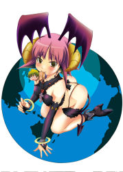 Rule 34 | 00s, 1boy, 1girl, ass, blush, bracelet, breasts, bridal gauntlets, brown eyes, chibi, crop top, cross, demon girl, demon horns, demon tail, demon wings, elbow gloves, elyse (ore tama), g-string, globe, gloves, high heels, horns, jewelry, kneeling, looking at viewer, looking up, mouth hold, ore tama, parted bangs, purple footwear, purple gloves, red hair, revealing clothes, rosary, satou kouta (ore tama), shadow, shoes, short hair, small breasts, tail, takahi ro, thong, white background, wings