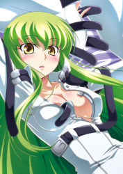 Rule 34 | 00s, 1girl, arms up, blush, breasts, c.c., cleavage, code geass, green hair, izumi mahiru, long hair, medium breasts, open clothes, solo, strap, yellow eyes