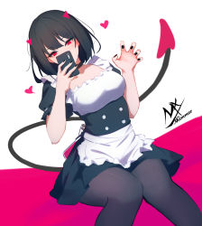 Rule 34 | 1girl, absurdres, apron, artist logo, black-haired demon girl (shimmer), black choker, black dress, black hair, black nails, black pantyhose, breasts, cellphone, choker, claw pose, commentary, covered mouth, demon girl, demon horns, demon tail, dress, highres, holding, holding phone, horns, invisible chair, light blush, looking at viewer, maid, maid apron, nail polish, original, pantyhose, phone, pink background, red eyes, selfie, shimmer, short hair, sitting, small breasts, smartphone, solo, symbol-only commentary, tail, taking picture, two-tone background, two-tone dress, white background, white dress
