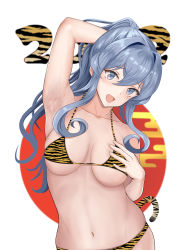 Rule 34 | 1girl, 2022, :d, absurdres, animal print, arm behind head, arm up, armpits, baji toufuu (bajitohfu), bikini, blue eyes, blue hair, collarbone, gotland (kancolle), hair between eyes, hand on own chest, highres, kantai collection, long hair, looking at viewer, mole, mole under eye, open mouth, smile, solo, standing, swimsuit, tiger print, upper body, white background, yellow bikini