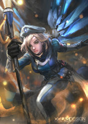 Rule 34 | 1girl, beret, blonde hair, cglas, combat medic ziegler, destruction, hat, looking at viewer, mechanical wings, mercy (overwatch), official alternate costume, overwatch, overwatch 1, parted lips, serious, solo, staff, wings