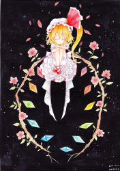 Rule 34 | 1girl, blonde hair, blush, crystal, dated, closed eyes, female focus, flandre scarlet, flower, frills, hat, hat ribbon, mosho, painting (medium), petals, puffy sleeves, red eyes, ribbon, short sleeves, side ponytail, signature, smile, solo, touhou, traditional media, watercolor (medium), wings