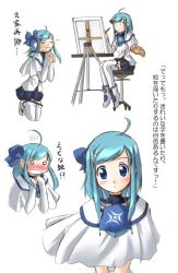 Rule 34 | 4girls, ahoge, art brush, blue hair, blush, bow, canvas (object), character request, easel, closed eyes, hair ribbon, own hands clasped, multiple girls, multiple persona, os-tan, own hands together, paintbrush, painting (action), palette (object), ribbon, shawl, shoes, short hair, sidelocks, thighhighs, white legwear
