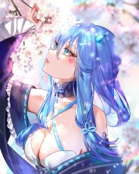 Rule 34 | 1girl, absurdres, artist name, bare shoulders, blue collar, blue eyes, blue hair, blue kimono, blurry, blurry foreground, bra, breasts, check copyright, cherry blossoms, cleavage, collar, collarbone, commentary, copyright request, criss-cross straps, english commentary, flower, flower facial mark, hair between eyes, hair ornament, hand up, highres, holding, holding flower, japanese clothes, kimono, large breasts, long hair, looking at flowers, nail polish, original, parted lips, pink nails, red lips, ringeko-chan, solo, underwear, upper body, white bra, white flower
