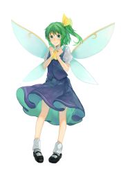 Rule 34 | 1girl, ascot, black footwear, blue skirt, blue vest, blush, bobby socks, clenched hands, closed mouth, collared shirt, commentary, daiyousei, fairy wings, full body, green eyes, green hair, hair ribbon, highres, looking at viewer, mary janes, medium hair, one side up, pigeon-toed, puffy short sleeves, puffy sleeves, ribbon, shidaccc, shirt, shoes, short sleeves, simple background, skirt, skirt set, smile, socks, solo, standing, touhou, vest, white background, wings, yellow ascot, yellow ribbon
