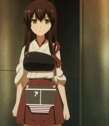 Rule 34 | 10s, 1girl, akagi (kancolle), brown eyes, brown hair, clenched hand, clenched hands, female focus, hakama, hakama short skirt, hakama skirt, highres, japanese clothes, kantai collection, long hair, looking at viewer, neck, red skirt, screencap, serious, skirt, solo, v-neck, yellow eyes
