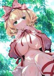Rule 34 | 1girl, alternate breast size, areola slip, blonde hair, bow, breasts, cleavage, drill hair, drill sidelocks, from below, green eyes, hair bow, highres, hinaichigo, huge breasts, leaf, leg ribbon, looking at viewer, navel, open mouth, outdoors, pink bow, red ribbon, ribbon, rozen maiden, short hair, sidelocks, solo, tousen