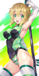 Rule 34 | 1girl, akatsuki kirika, armpits, blonde hair, blush, breasts, elbow gloves, gloves, green eyes, hair ornament, highres, holding, holding pole, impossible clothes, impossible leotard, leotard, looking at viewer, medium breasts, nagayori, open mouth, pole, pole dancing, senki zesshou symphogear, shiny clothes, shiny skin, short hair, skin tight, smile, solo, standing, striped clothes, striped thighhighs, stripper pole, thighhighs, x hair ornament