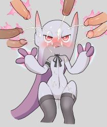 Rule 34 | 1girl, 6+boys, arm garter, aura, black ribbon, black thighhighs, blush, bukkake, creatures (company), cum, cum on body, cum on legs, cum on stomach, cum on upper body, facial, feet out of frame, game freak, gen 1 pokemon, grey background, half-closed eyes, interspecies, jitome, legendary pokemon, mega mewtwo y, mega pokemon, mewtwo, multiple boys, neck ribbon, nintendo, outstretched arms, parted lips, penis, pokemon, pokemon (creature), pokephilia, prehensile hair, psychic, pussy, pussy juice, pussy juice drip, red eyes, ribbon, shiny skin, simple background, standing, surrounded by penises, thighhighs, thighs, tongue, tongue out, tosx, veins, veiny penis