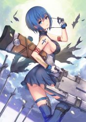 Rule 34 | 1girl, armpits, bare shoulders, black dress, blue eyes, blue hair, blue thighhighs, breasts, ciel (tsukihime), cross tattoo, dress, unworn eyewear, from side, gloves, highres, holding, holding removed eyewear, huge weapon, looking at viewer, looking to the side, medium breasts, nidy, over-kneehighs, parted lips, seventh holy scripture, short dress, short hair, sideboob, solo, sword, thighhighs, tsukihime, weapon, white gloves