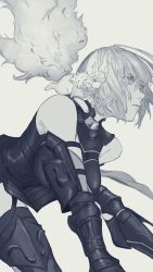 Rule 34 | 1girl, armor, bakushi (kaeritai0609), bare shoulders, breastplate, creature, creature on shoulder, eyes visible through hair, fate/grand order, fate (series), fou (fate), grey background, greyscale, mash kyrielight, monochrome, on shoulder, parted lips, purple eyes, short hair, simple background, spot color, vambraces