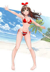 Rule 34 | 1girl, :d, absurdres, armpits, bare arms, bare legs, bare shoulders, barefoot, beach, bikini, blush, bow, bow hairband, breasts, brown hair, clothes writing, collarbone, day, full body, gibun (sozoshu), gluteal fold, green eyes, hairband, halterneck, highres, hiroshima touyou carp, horizon, kizuna ai, kizuna ai inc., looking at viewer, medium breasts, multicolored hair, navel, nippon professional baseball, ocean, open mouth, outdoors, outstretched arms, palm tree, pigeon-toed, red bikini, red bow, red hair, side-tie bikini bottom, smile, solo, standing, stomach, streaked hair, string bikini, swimsuit, teeth, tree, two-tone hair, upper teeth only, virtual youtuber, water