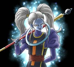 Rule 34 | 10s, 1girl, absurdres, angel (dragon ball), arm behind back, backlighting, blue eyes, blue lips, blue skin, colored skin, dragon ball, dragon ball super, dress, evil grin, evil smile, female focus, flipped hair, glowing, grin, hair tie, halo, highres, holding, holding staff, holding weapon, light particles, lipstick, long hair, long sleeves, looking at viewer, makeup, marcarita (dragon ball), nagare seiya, orb, over shoulder, puffy long sleeves, puffy sleeves, sash, silver hair, smile, solo, staff, tabard, turtleneck, twintails, universe 11 (dragon ball), weapon, weapon over shoulder