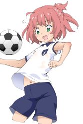 Rule 34 | 1girl, ball, character request, female focus, green eyes, highres, navel, ookamiuo, pink hair, short hair, shorts, simple background, soccer ball, solo, white background