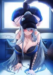 Rule 34 | 1girl, absurdres, bare shoulders, baseball cap, blue hair, blue shorts, blush, breasts, cleavage, commission, crop top, deogho (liujinzy9854), detached sleeves, hat, hat ornament, heart, heart hat ornament, high ponytail, highres, large breasts, light blue hair, long hair, looking at viewer, original, red eyes, screen, short shorts, shorts, smile, solo, tail, through medium, through screen