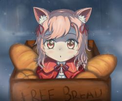 Rule 34 | :o, aged down, animal ear fluff, animal ears, baguette, blush, bow, box, bread, capelet, cardboard box, commentary, english commentary, eyebrows hidden by hair, food, hair bow, harry david, highres, looking at viewer, nini yuuna, nini yuuna (2nd costume), open mouth, pink eyes, pink hair, rain, red bow, solo, tsunderia, virtual youtuber