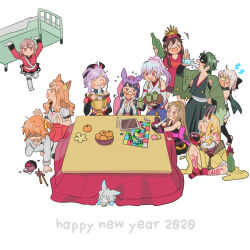 Rule 34 | 1boy, 6+girls, anger vein, animal ear fluff, animal ears, bed, black dress, black headwear, blush, board game, bottle, bowl, brown hair, candy, candy wrapper, carrying, chacha (fate), chopsticks, closed eyes, collarbone, cup, dress, drinking, eating, fate/grand order, fate (series), florence nightingale (fate), food, fou (fate), fruit bowl, fujimaru ritsuka (female), hair ornament, hair scrunchie, happy new year, highres, hijikata toshizou (fate), holding, holding bottle, holding bowl, holding spoon, holy grail (fate), horns, ibaraki douji (fate), index fingers together, ipad, jacket, japanese clothes, kotatsu, long sleeves, looking at another, miyamoto musashi (fate), multiple girls, new year, no mouth, noodles, oda nobunaga (fate), okita souji (fate), one side up, oneroom-disco, open mouth, orange eyes, orange hair, orange peel, osakabehime (fate), pantyhose, pointy ears, red eyes, red jacket, red ribbon, red shirt, red skirt, ribbon, running, scrunchie, shaded face, shirt, skirt, spill, spoon, stylus, suzuka gozen (fate), t-shirt, table, tablet pc, tears, toeless legwear, tomoe gozen (fate), tray, white background, white footwear, white jacket, white pantyhose, white shirt, wrapped candy, yellow eyes, yellow scrunchie
