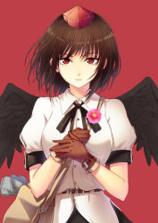 Rule 34 | 1girl, \||/, bad id, bad pixiv id, bag, bird wings, black hair, black wings, brown gloves, cibo (killy), collared shirt, feathered wings, flower, gloves, hat, holding, holding flower, looking at viewer, newspaper, puffy short sleeves, puffy sleeves, red background, red eyes, shameimaru aya, shirt, short hair, short sleeves, shoulder bag, simple background, solo, tokin hat, touhou, upper body, white shirt, wings