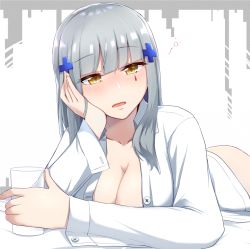 1girl blush breasts cleavage collarbone exren girls&#039;_frontline hand_on_own_head hk416_(girls&#039;_frontline) long_hair looking_at_viewer medium_breasts open_clothes open_mouth open_shirt shirt silver_hair simple_background solo white_shirt yellow_eyes