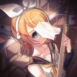 Rule 34 | 1girl, bags under eyes, bare shoulders, black sailor collar, blonde hair, blue eyes, bow, chair, collarbone, commentary, covered face, desk, detached sleeves, dutch angle, electric guitar, empty eyes, flat chest, guitar, hair bow, hair ornament, hairclip, headphones, headset, highres, instrument, kagamine rin, looking at viewer, lost one no goukoku (vocaloid), miaojiang ningmeng, neckerchief, paper on head, perspective, playing guitar, sailor collar, school chair, school desk, sepia, serious, shirt, sideways glance, skinny, sleeveless, sleeveless shirt, solo, tile floor, tiles, vocaloid, white bow, yellow neckerchief