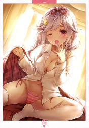 Rule 34 | 1girl, ;o, absurdres, blanket, braid, breasts, chiyingzai, cleavage, curtains, dengeki moeou, dutch angle, hair ornament, hair ribbon, highres, indoors, long hair, low twintails, medium breasts, navel, no pants, no shoes, one eye closed, open mouth, original, panties, purple eyes, red ribbon, ribbon, scan, shirt, side-tie panties, sidelocks, silver hair, sitting, solo, star (symbol), star hair ornament, striped clothes, striped panties, sunlight, thighhighs, twin braids, twintails, underwear, white shirt, white thighhighs, window
