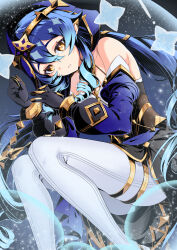 Rule 34 | 1girl, absurdres, bare shoulders, black background, black dress, black gloves, blue hair, blue hood, bracer, bright pupils, claw ring, commentary, dress, drill hair, drill sidelocks, feet out of frame, genshin impact, gloves, gold trim, hair between eyes, highres, hood, hood up, knees up, layla (genshin impact), legs, long hair, long sleeves, looking at viewer, lying, on side, orange eyes, pantyhose, puffy long sleeves, puffy sleeves, sidelocks, solo, thighlet, thighs, two-tone sleeves, very long hair, white pantyhose, white pupils, yuito (yuitokobunasbs0)