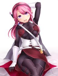 Rule 34 | 1girl, armor, bracer, breastplate, breasts, cape, commentary request, dagger, gloves, hand in own hair, highres, hilt, knife, leg armor, crossed legs, long hair, long sleeves, looking at viewer, medium breasts, neit ni sei, open mouth, original, pink eyes, pink hair, pointy ears, sitting, smile, solo, teeth, weapon, white background