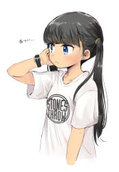 Rule 34 | 1girl, absurdres, black hair, blue eyes, child, female focus, haaam, highres, original, shirt, simple background, solo, t-shirt, twintails, watch, white background, wristwatch