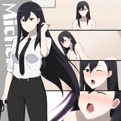 Rule 34 | 1girl, ass, bare shoulders, belt, black belt, black eyes, black hair, black necktie, blush, breasts, character name, closed eyes, closed mouth, commentary, gun, hair between eyes, hall onon, holding, holding gun, holding weapon, implied sex, long hair, looking at viewer, medium breasts, necktie, nipples, nude, one eye closed, open mouth, original, pants, shirt, sleeves rolled up, smile, standing, sweat, swept bangs, trigger discipline, tsukishiro michelle (hall onon), weapon, white shirt