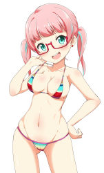 Rule 34 | 1girl, aqua eyes, aqua hair, bikini, blush, body blush, breasts, cameltoe, cleavage, earrings, glasses, groin, hand on own hip, highres, itamochi, jewelry, large breasts, looking at viewer, multicolored hair, navel, open mouth, pink hair, rainbow, rokusaki coney, shiny skin, skindentation, smile, solo, strap lift, striped bikini, striped clothes, swimsuit, tokyo 7th sisters, twintails