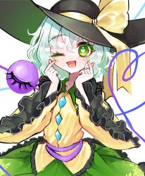 Rule 34 | 1girl, ;d, aorin oekaki, black hat, commentary request, fang, green eyes, green skirt, hat, hat ribbon, heart, heart of string, highres, komeiji koishi, light green hair, long sleeves, looking at viewer, one eye closed, open mouth, ribbon, shirt, simple background, skin fang, skirt, smile, solo, third eye, touhou, white background, wide sleeves, yellow ribbon, yellow shirt