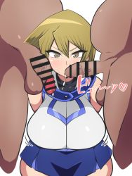 Rule 34 | 1girl, 2boys, :o, angry, bare shoulders, black undershirt, blonde hair, blue skirt, blush, breasts, brown eyes, censored, cum, cum in mouth, dd (artist), ejaculation, eyeliner, fellatio, group sex, heart, hetero, highres, japanese text, konami, large breasts, lips, long hair, makeup, medium penis, miniskirt, motion lines, multiple boys, oral, penis, pink lips, precum, school uniform, shiny clothes, shiny skin, skirt, solo, spoken heart, sweat, tenjouin asuka, thick thighs, thighs, threesome, translation request, veins, veiny penis, white background, yu-gi-oh!, yu-gi-oh! gx