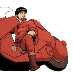 Rule 34 | 1boy, akira (manga), black hair, commentary request, gloves, highres, iwamoto tatsurou, jacket, kaneda shoutarou&#039;s bike, kaneda shoutarou (akira), looking up, male focus, motor vehicle, motorcycle, pants, red jacket, red pants, simple background, sitting, smile, solo, white background