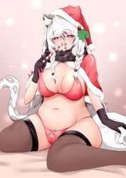 Rule 34 | 1girl, absurdres, alternate costume, animal ear fluff, animal ears, argyle, argyle clothes, argyle scarf, arknights, black gloves, black hair, black scarf, black thighhighs, blush, bra, bra pull, breasts, candy, candy cane, capelet, cleavage, clothes pull, commentary, food, fur-trimmed capelet, fur trim, gift bag, gloves, grey eyes, hair between eyes, hair ornament, half-closed eyes, hat, highres, holding, holding candy, holding candy cane, holding food, kokihanada, large breasts, leopard ears, leopard tail, long hair, looking at viewer, midriff, mistletoe, multicolored hair, navel, panties, pink background, plump, pramanix (arknights), red bra, red capelet, red hat, red panties, santa hat, scarf, simple background, sitting, solo, streaked hair, sweat, tail, thick thighs, thighhighs, thighs, two-tone hair, underwear, wariza, white hair